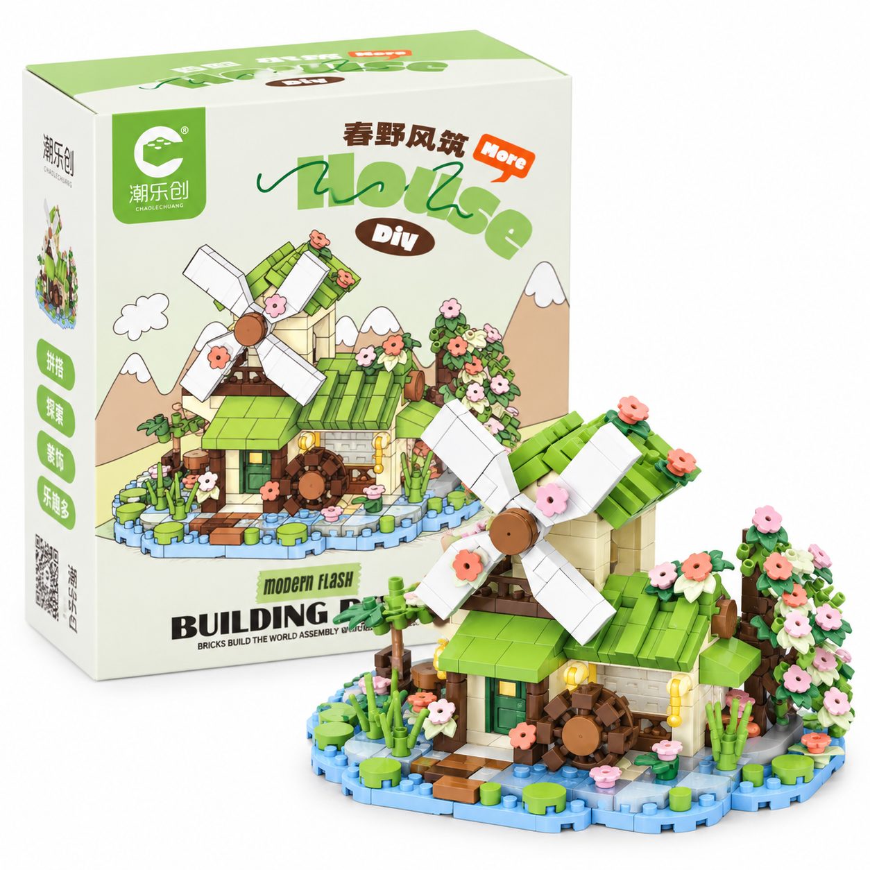 Set de Constructie, Flippy, Model Casa cu Moara de Vant, 479 Piese, 10.5x7.3x7.2 cm, Multicolor