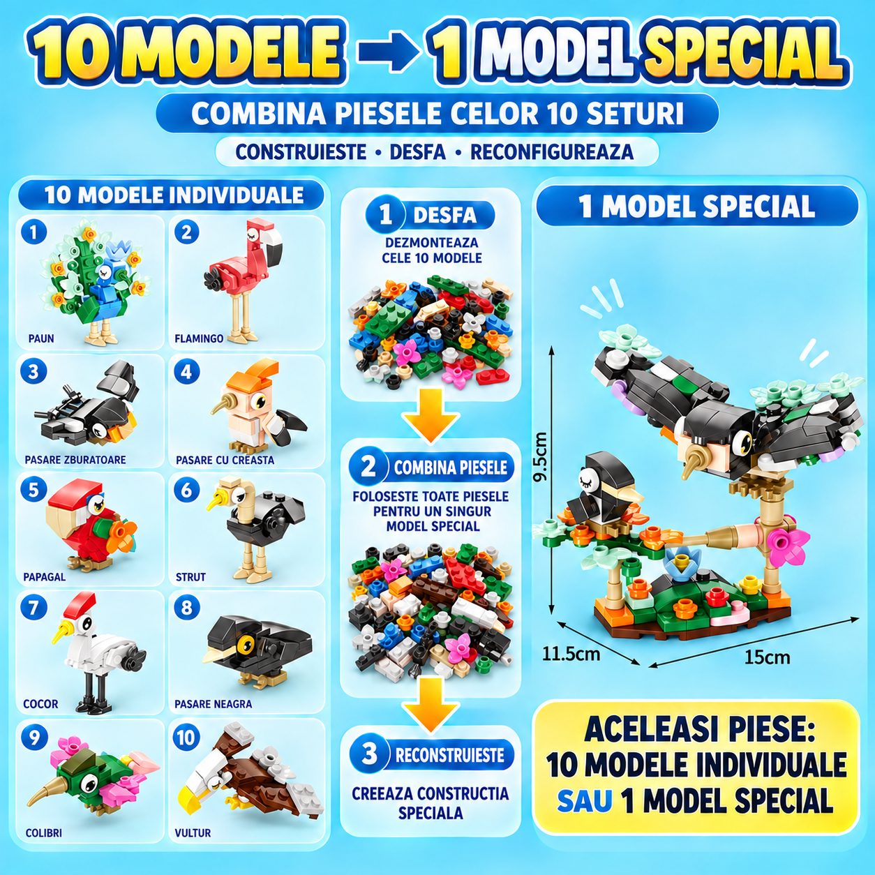 Set de Constructie, Flippy, Model Pasari 10 in 1, 309 Piese, 10 Modele, 6+, 15x11.5x9.5 cm, Multicolor