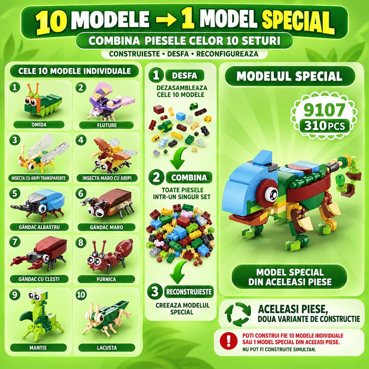 Set de Constructie, Flippy, Model Insecte 10 in 1, 310 Piese, 10 Modele, Varsta 6+ Ani, 14.3x4.5x5.6 cm, Multicolor