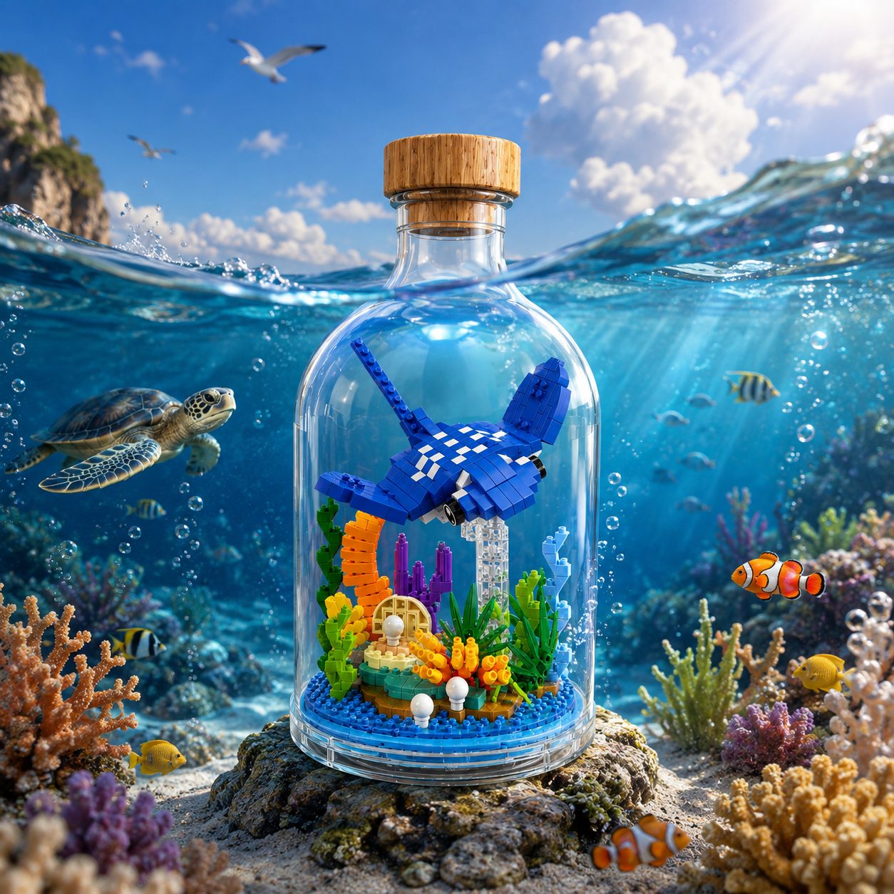 Set de Construit in Sticla Decorativa, Flippy, Model Pisica de Mare, Aproximativ 500 Piese Mini din Plastic, Jucarie Creativa si Educationala pentru Copii 14+ si Adulti, Tip Pixel Building Blocks, Obiect Decorativ de Colectie, 10 x 19.6 cm, Multicolor