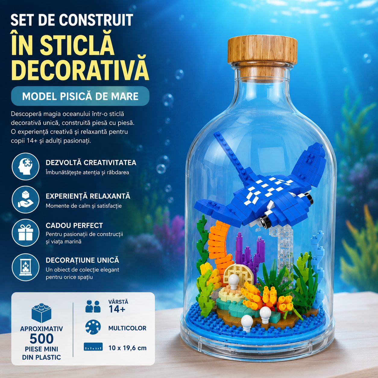 Set de Construit in Sticla Decorativa, Flippy, Model Pisica de Mare, Aproximativ 500 Piese Mini din Plastic, Jucarie Creativa si Educationala pentru Copii 14+ si Adulti, Tip Pixel Building Blocks, Obiect Decorativ de Colectie, 10 x 19.6 cm, Multicolor