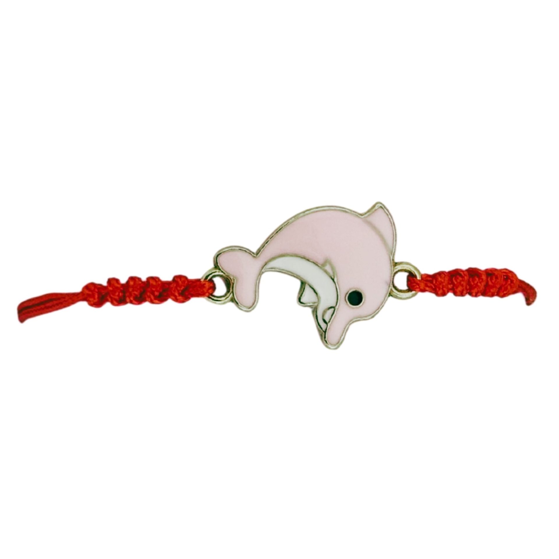Martisor Bratara pentru Dama si Copii, Jolie, Model Delfin Jucaus, Set 12 bucati, Pandantiv Emailat cu Detalii Aurii, Snur Reglabil, Rosu/Roz 2