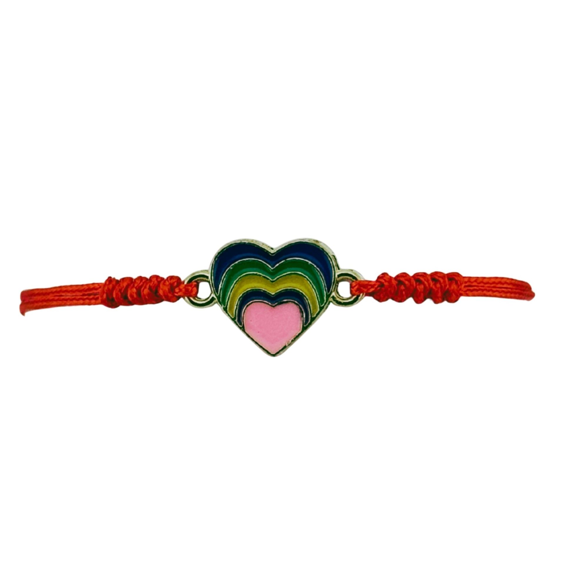 Martisor Bratara pentru Dama si Copii, Jolie, Model Inima Curcubeu Multicolora, Set 12 bucati, Pandantiv Emailat, Snur Reglabil, Rosu 2