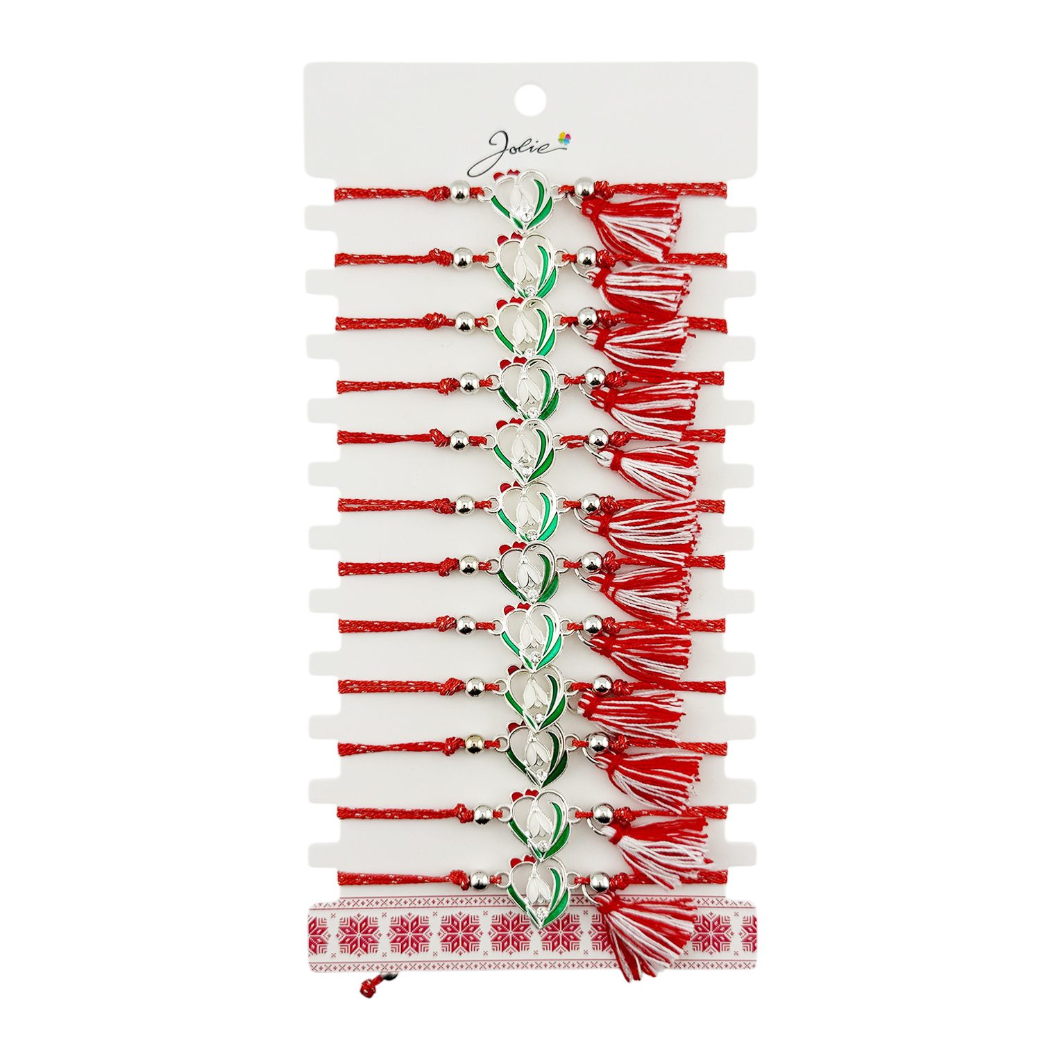 Martisor Bratara cu Ciucure Model Inima cu Ghiocel Set 12 bucati