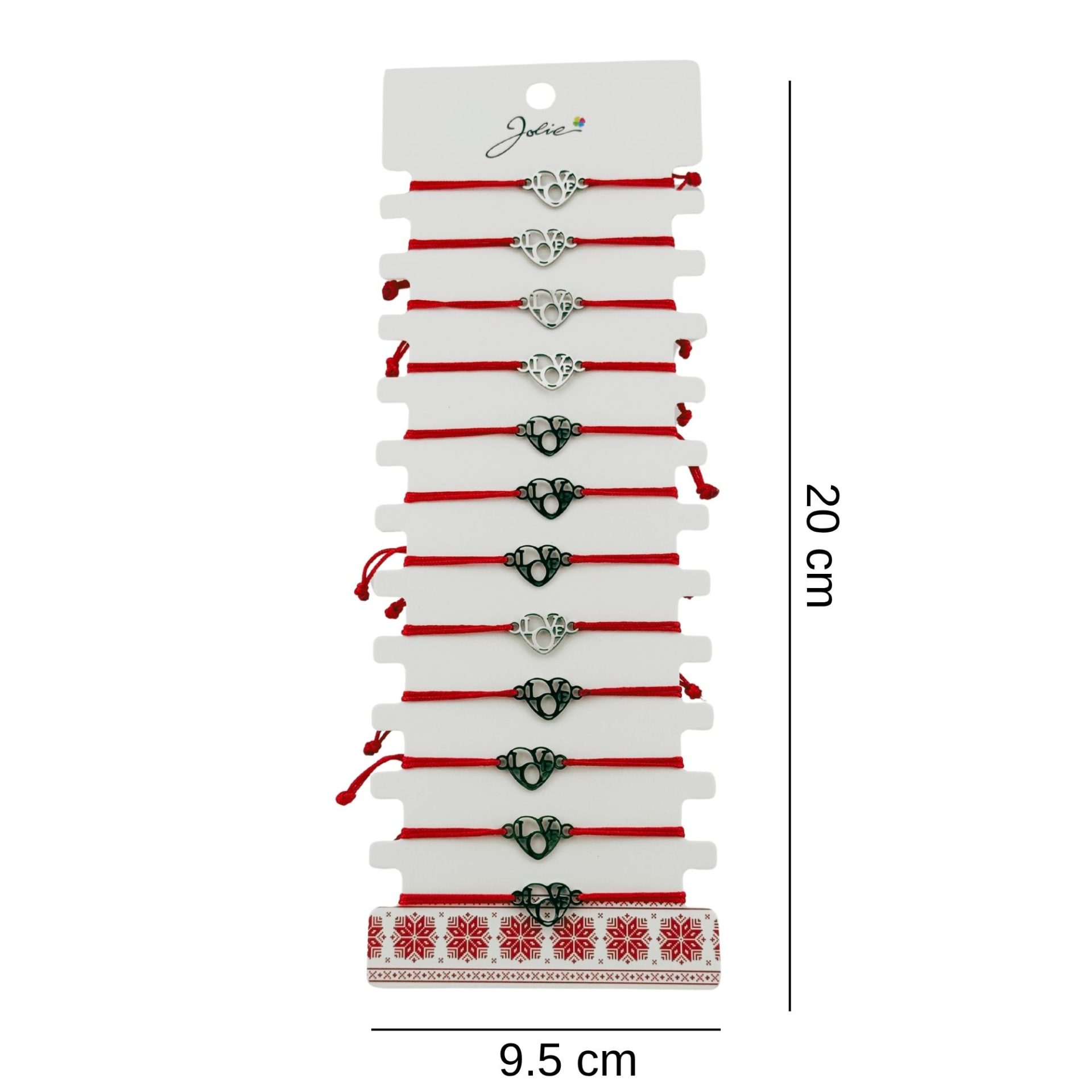 Bratara Martisor pentru Dama, Jolie, Model Inima Love, Set 12 bucati, Pandativ Argintiu din Inox cu Snur Rosu Ajustabil 2