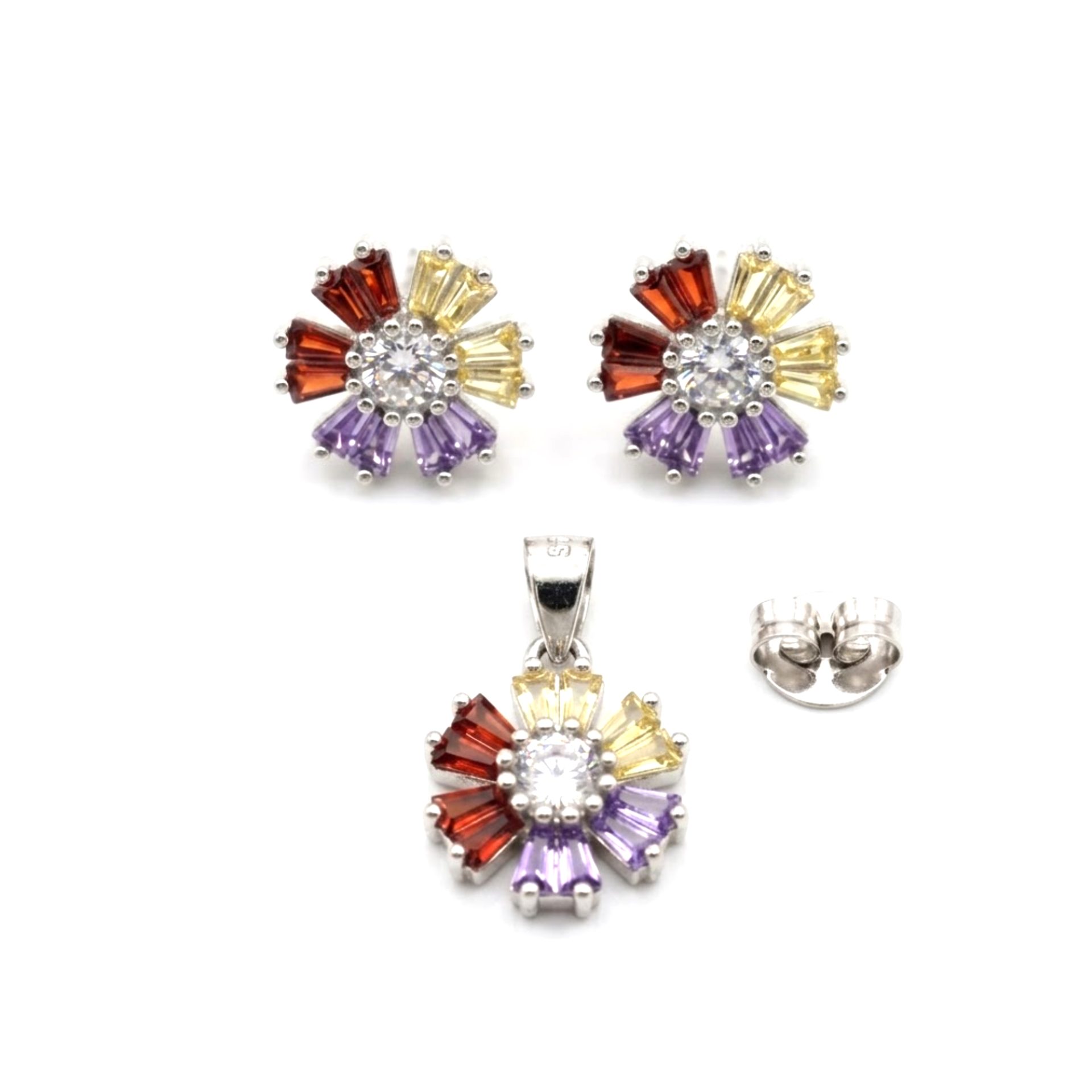 Set Argint 925 Flori Multicolore cu Mijloc Alb Model 1, 5.2 g