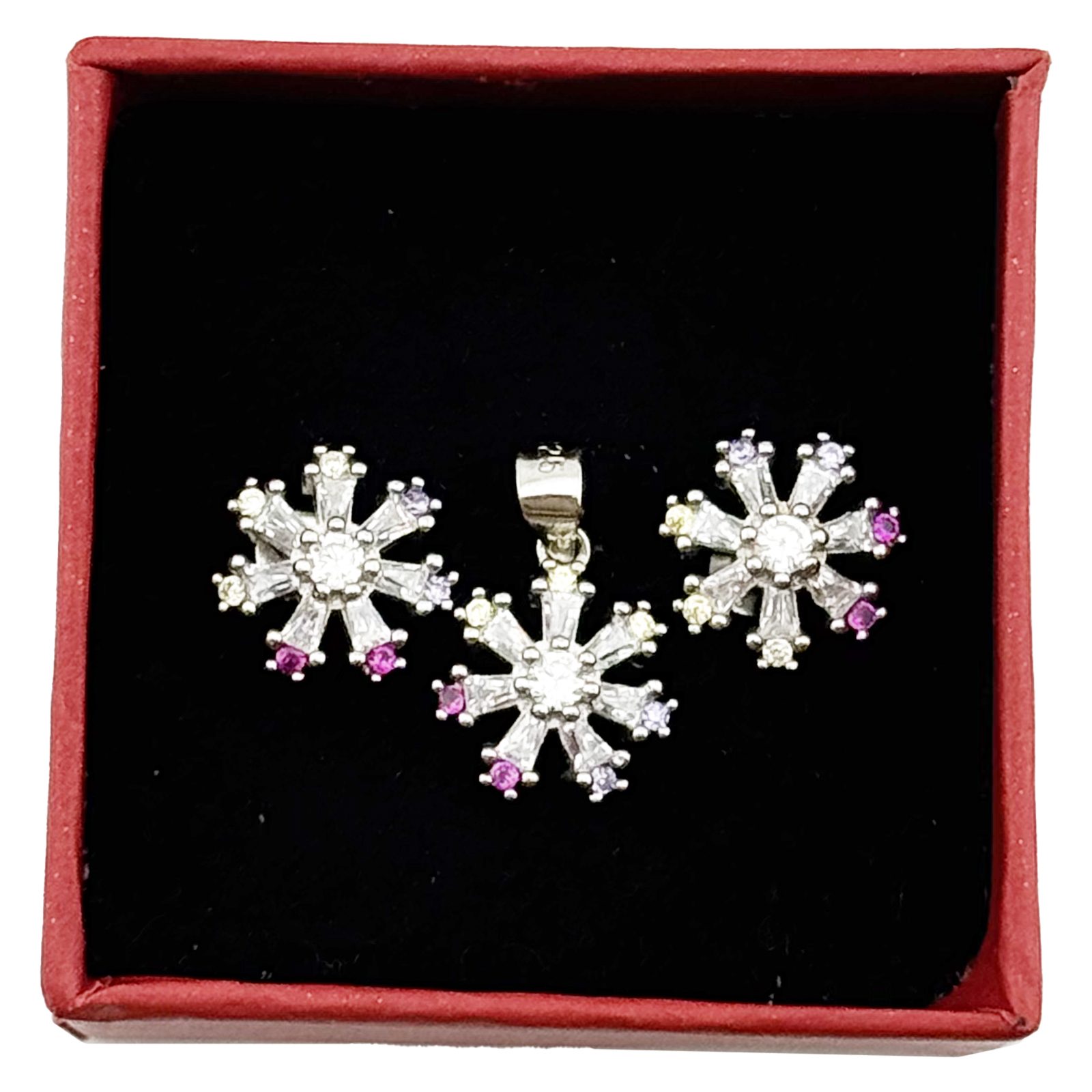 Set Pandativ cu Cercei pentru Dama, Jolie, Argint 925, Model Floare cu Margini Colorate,  4.48 g, 1.5 cm x 1.7 cm, Argintiu/Multicolor