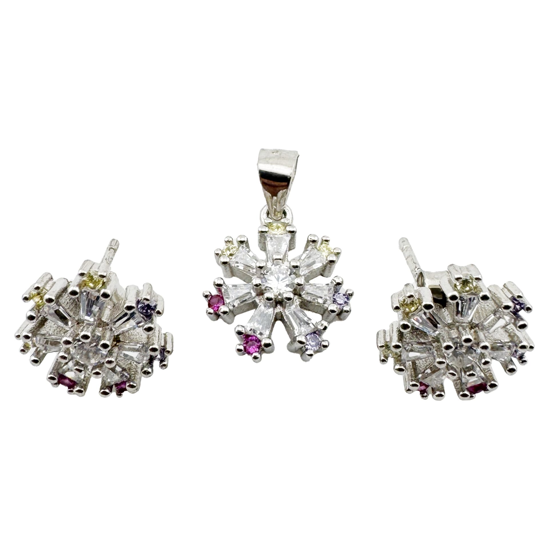 Set Pandativ cu Cercei pentru Dama, Jolie, Argint 925, Model Floare cu Margini Colorate,  4.48 g, 1.5 cm x 1.7 cm, Argintiu/Multicolor