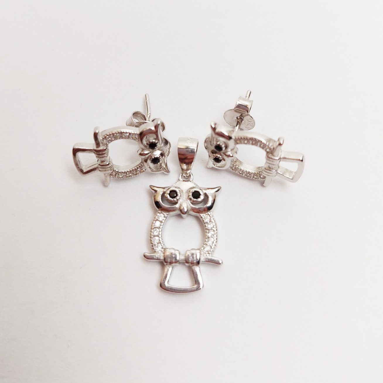 Set Pandativ cu Cercei pentru Dama, Jolie, Argint 925, Model Bufnita Contur, 4.1g, 2 cm x 1.1 cm, Argintiu