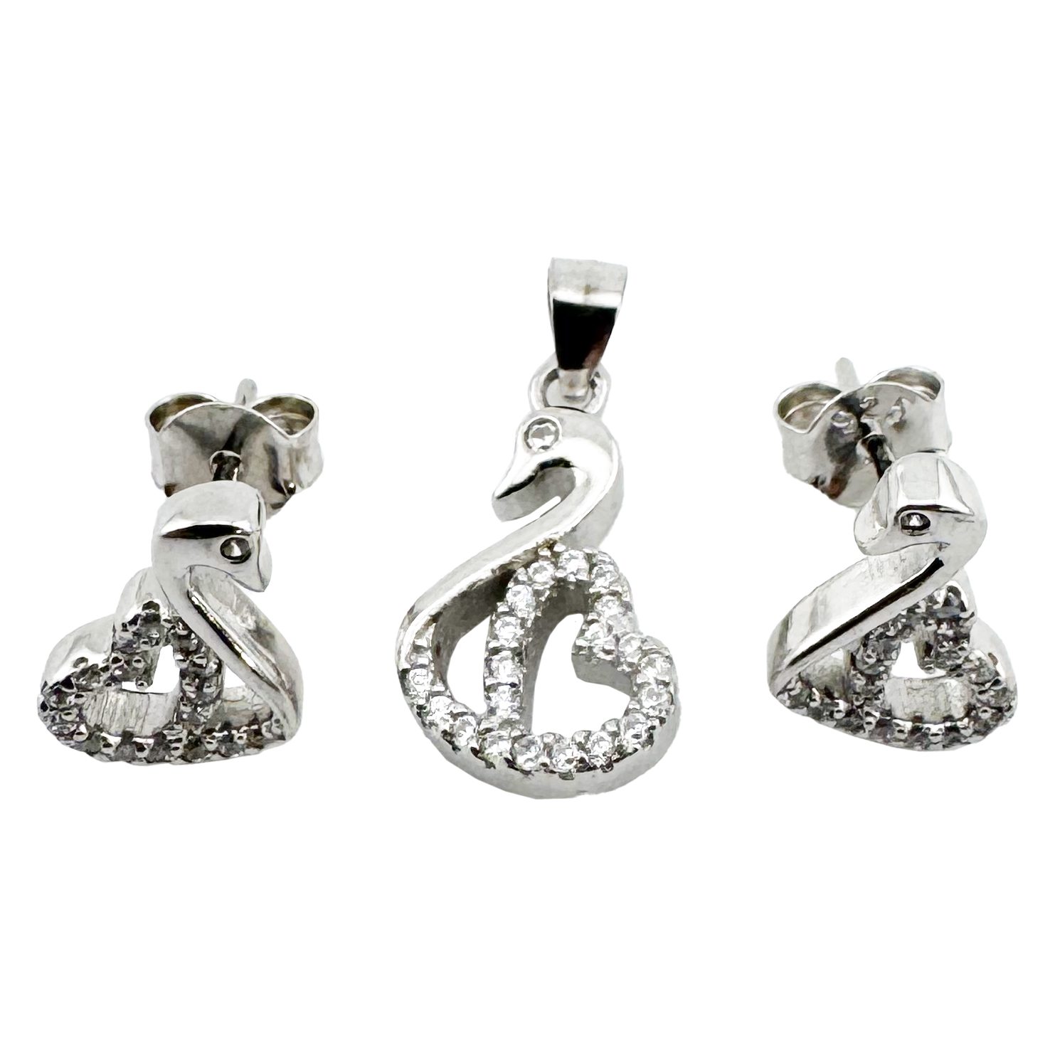 Set Pandativ cu Cercei pentru Dama, Jolie, Argint 925, Model Lebada cu Pietre, 2.7g, 1 cm x 1 cm, Argintiu