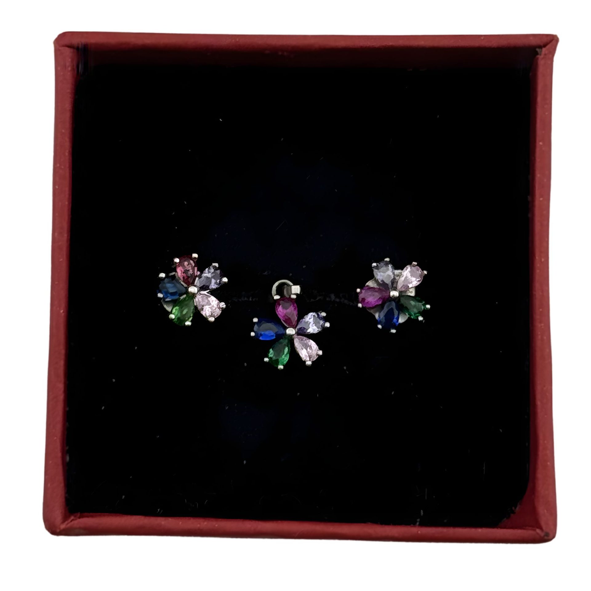 Set Cercei si Pandantiv, Jolie Silver, Argint 925, pentru Dama, Pietre Zirconia Multicolor, model Floare 5 Petale colorate, 2.07 g, Argintiu