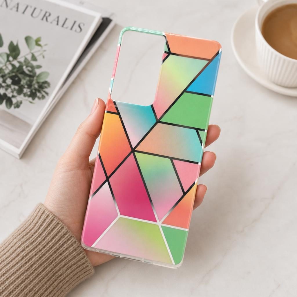 Husa protectie Flippy compatibila cu Samsung Galaxy S21 Ultra Soft IMD TPU Marble Geometric Roz