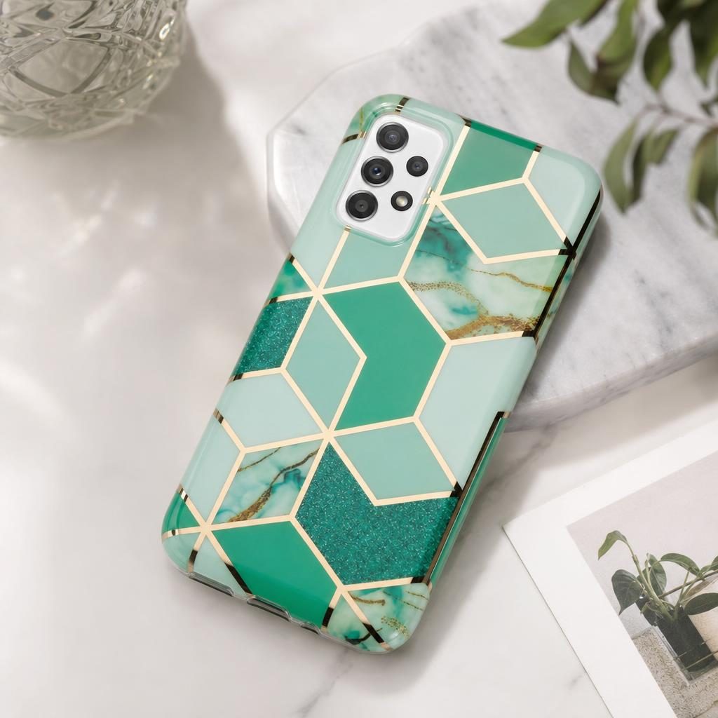 Husa protectie Flippy compatibila cu Samsung Galaxy A32 Soft IMD TPU Marble Geometric Verde