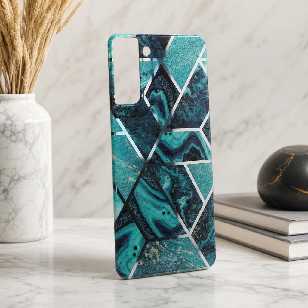 Husa protectie Flippy compatibila cu Samsung Galaxy S21 5G Soft IMD TPU Marble Geometric Albastru