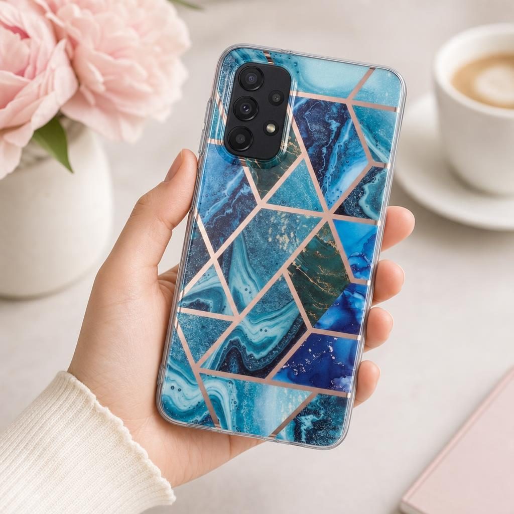 Husa protectie Flippy compatibila cu Samsung Galaxy A32 5G Soft IMD TPU Marble Geometric Albastru
