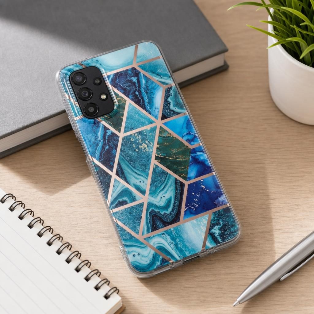 Husa protectie Flippy compatibila cu Samsung Galaxy A32 5G Soft IMD TPU Marble Geometric Albastru