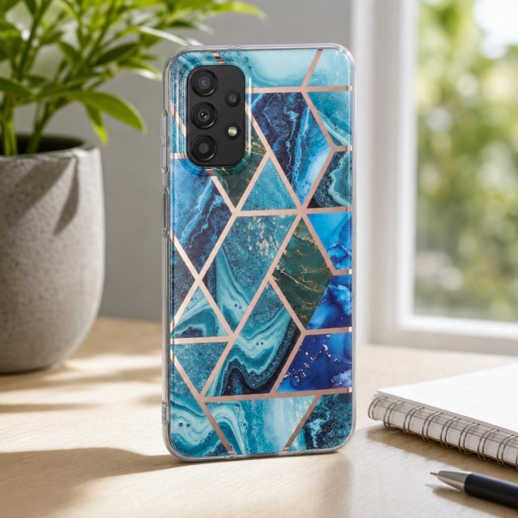 Husa protectie Flippy compatibila cu Samsung Galaxy A32 5G Soft IMD TPU Marble Geometric Albastru