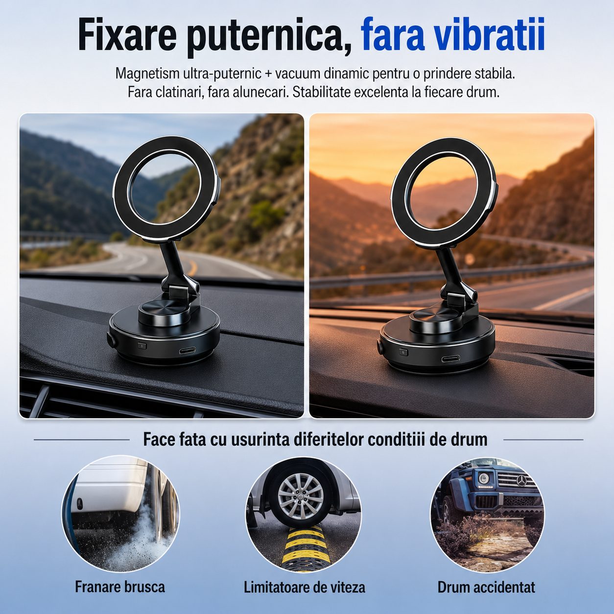 Suport Auto Magnetic pentru Telefon, Flippy, cu Vacuum Electric si Ventuza, Reglaj Multiunghi 900°, Aluminiu, Negru