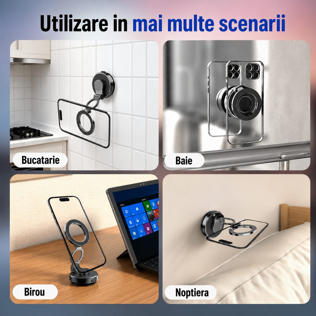 Suport Auto Magnetic pentru Telefon, Flippy, cu Vacuum Electric si Ventuza, Reglaj Multiunghi 900°, Aluminiu, Negru