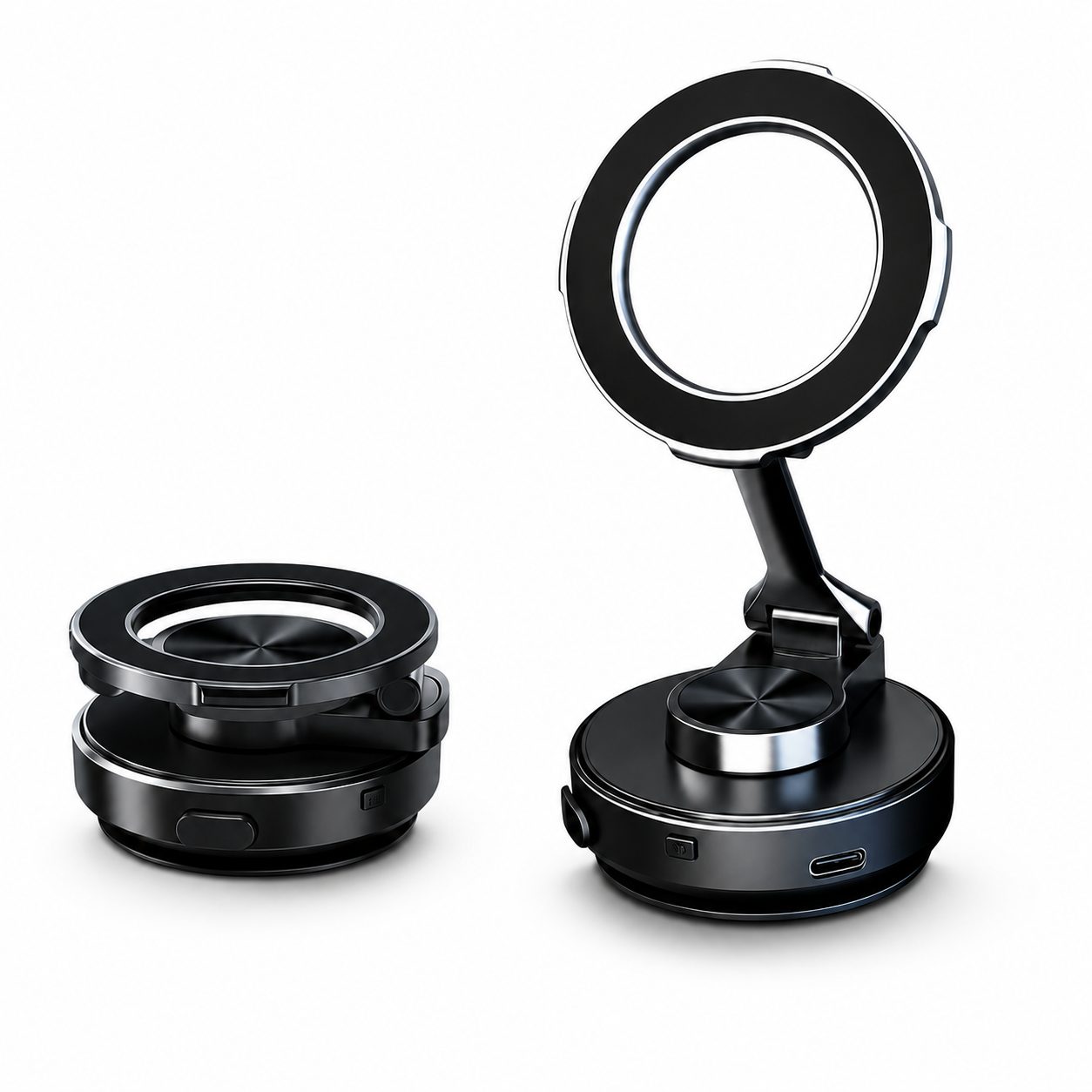 Suport Auto Magnetic pentru Telefon, Flippy, cu Vacuum Electric si Ventuza, Reglaj Multiunghi 900°, Aluminiu, Negru