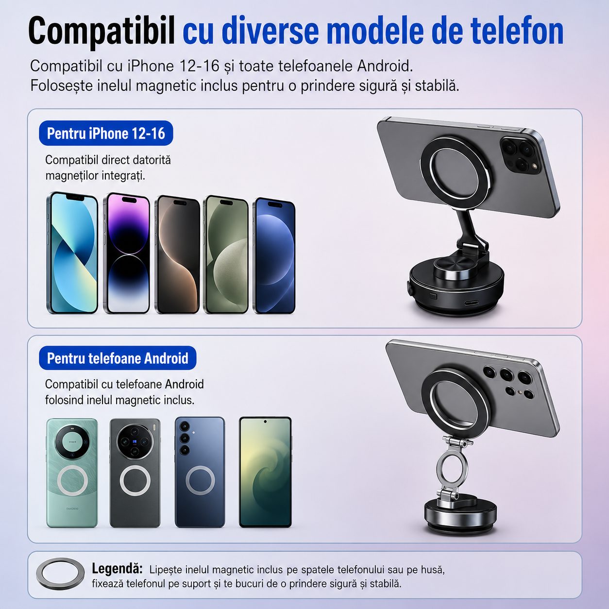 Suport Auto Magnetic pentru Telefon, , cu Vacuum Electric si Ventuza, Reglaj Multiunghi 900°, Aluminiu, Negru 5