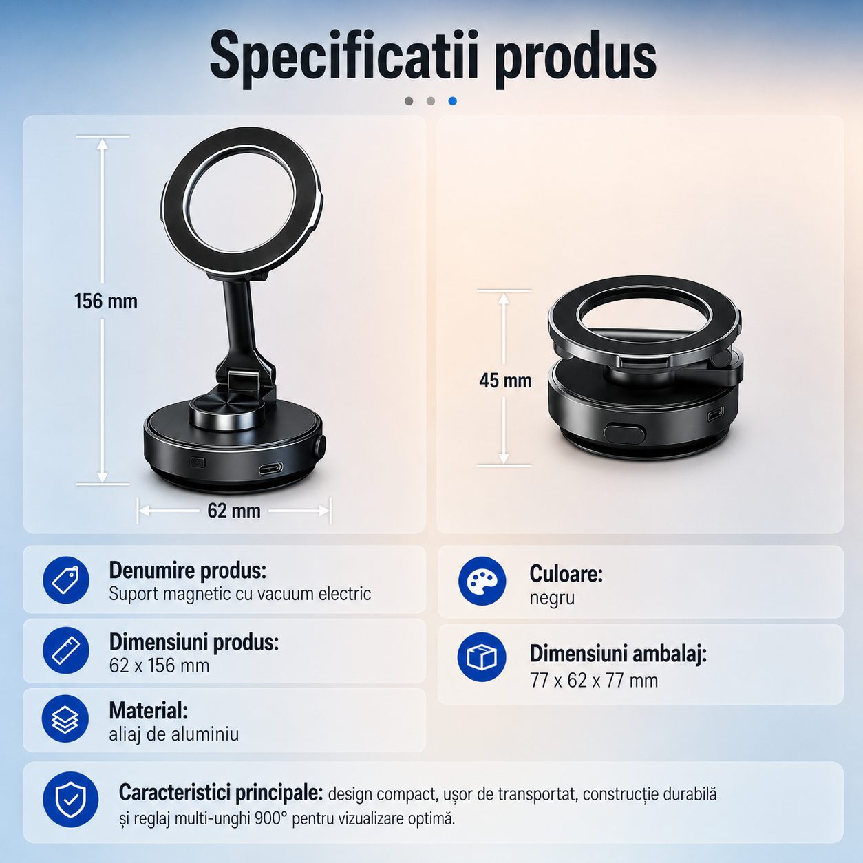 Suport Auto Magnetic pentru Telefon, Flippy, cu Vacuum Electric si Ventuza, Reglaj Multiunghi 900°, Aluminiu, Negru