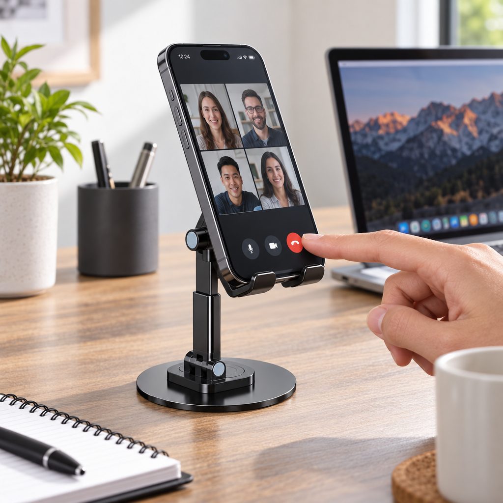 Suport de Birou pentru Telefon si Tableta, Flippy, Rotativ 360°, Pliabil, Metal, Inaltime Reglabila 17x19.5 cm, Negru