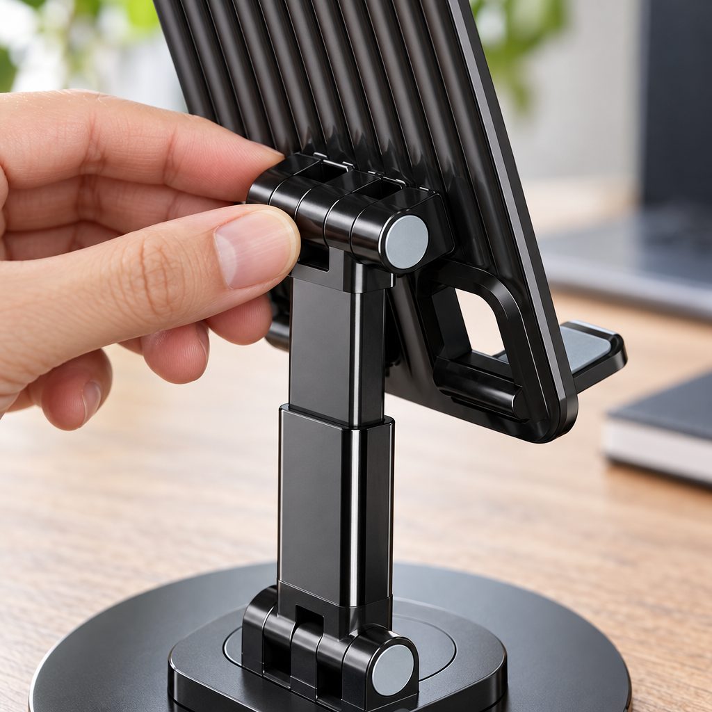 Suport de Birou pentru Telefon si Tableta, Flippy, Rotativ 360°, Pliabil, Metal, Inaltime Reglabila 17x19.5 cm, Negru