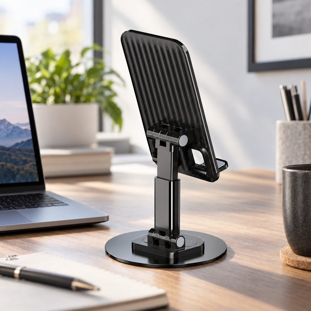 Suport de Birou pentru Telefon si Tableta, Flippy, Rotativ 360°, Pliabil, Metal, Inaltime Reglabila 17x19.5 cm, Negru