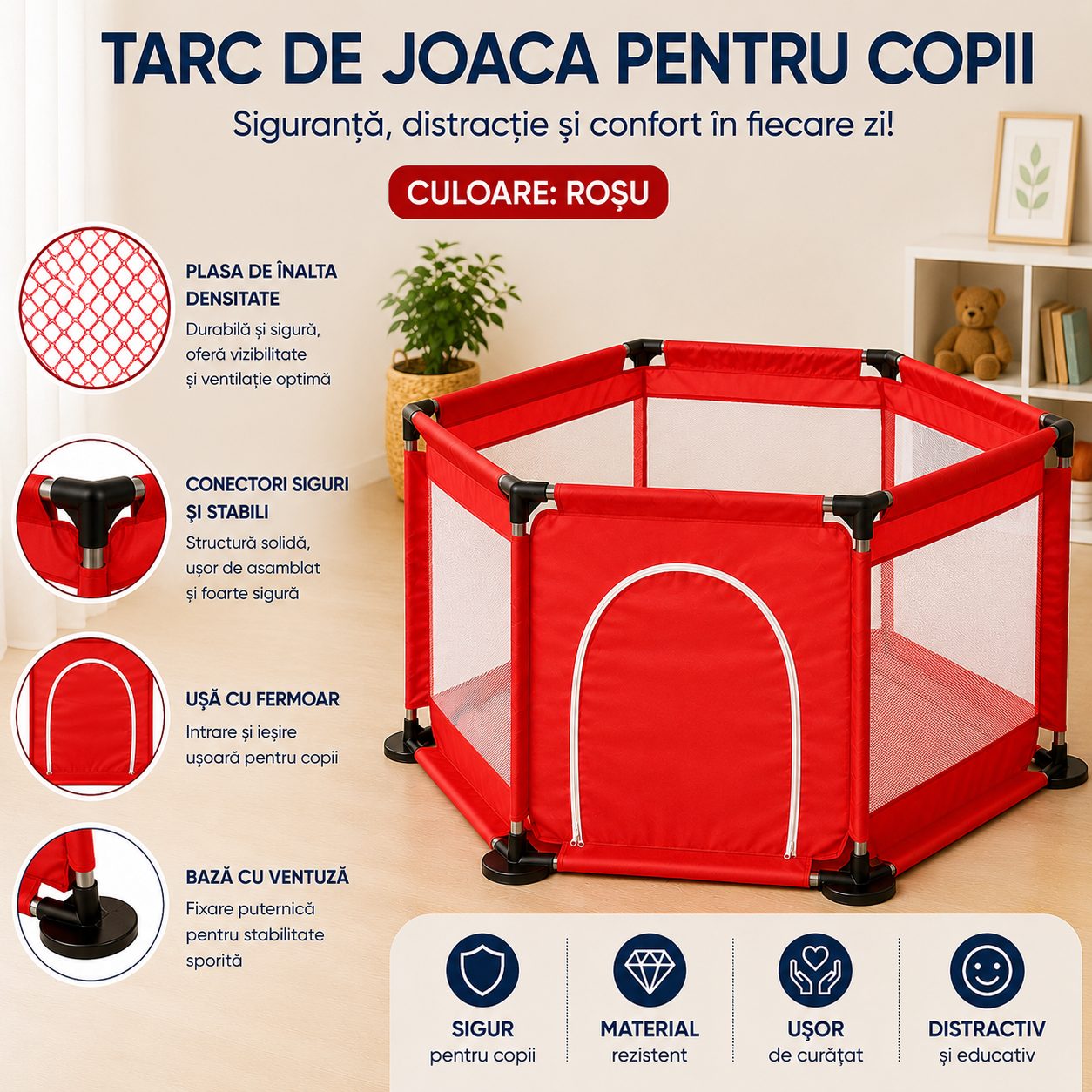 Tarc de Joaca si Siguranta pentru Copii DNT-104, , Dimensiuni 130 x 115 x 65 cm, Structura de Protectie pentru Interior, Rosu 2