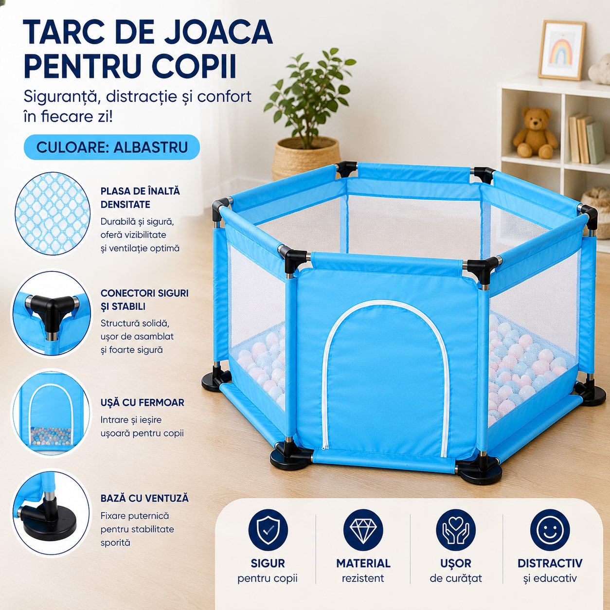 Tarc de Joaca si Siguranta pentru Copii DNT-104, , Dimensiuni 130 x 115 x 65 cm, Structura de Protectie pentru Interior, Albastru 2