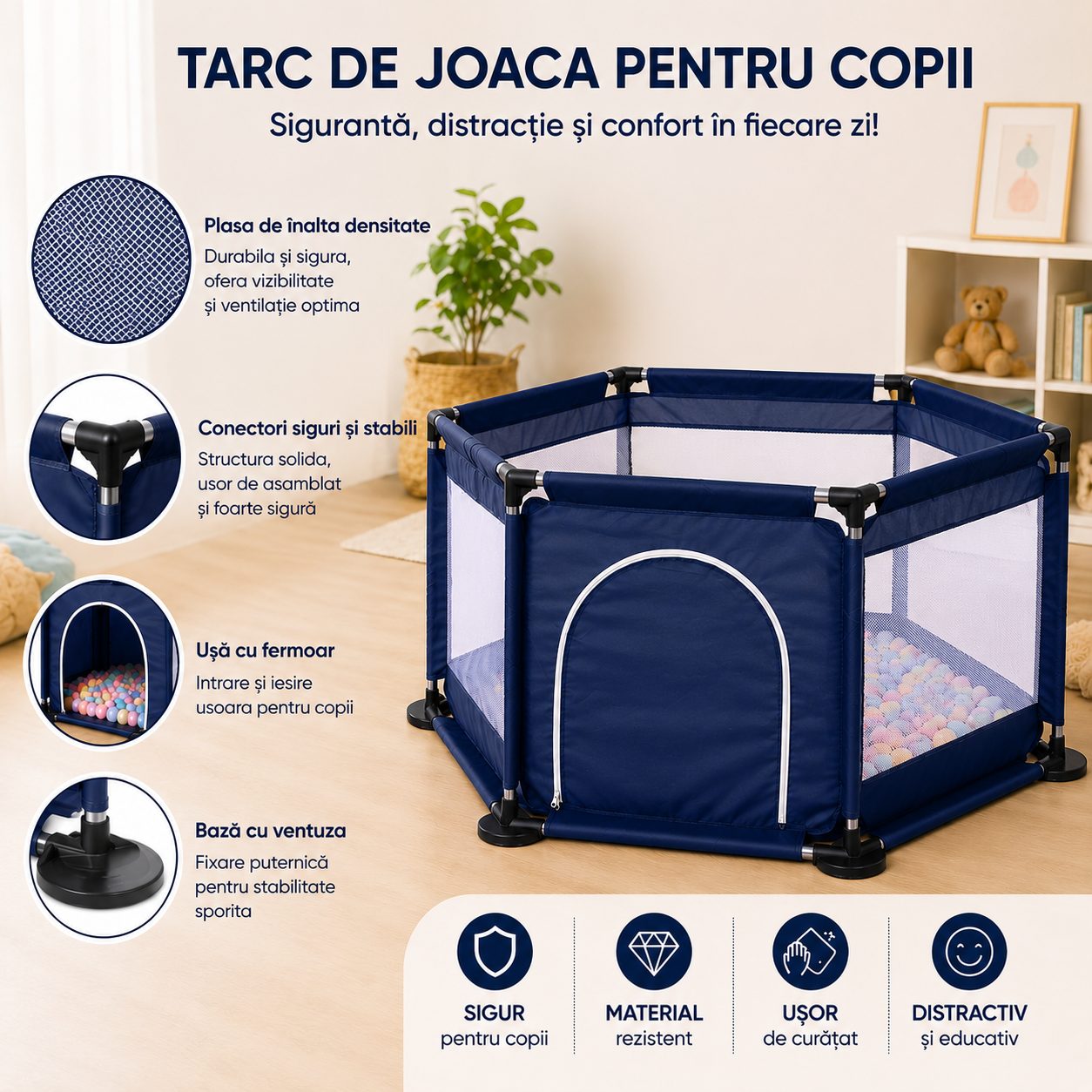 Tarc de Joaca si Siguranta pentru Copii DNT-104, , Dimensiuni 130 x 115 x 65 cm, Structura de Protectie pentru Interior, Albastru marin 2