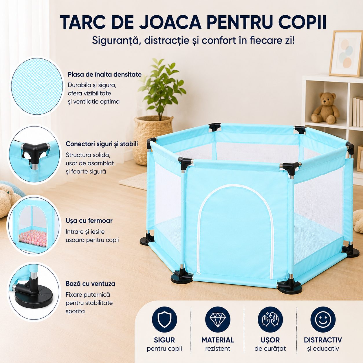 Tarc de Joaca si Siguranta pentru Copii DNT-104, , Dimensiuni 130 x 115 x 65 cm, Structura de Protectie pentru Interior, Albastru deschis 2