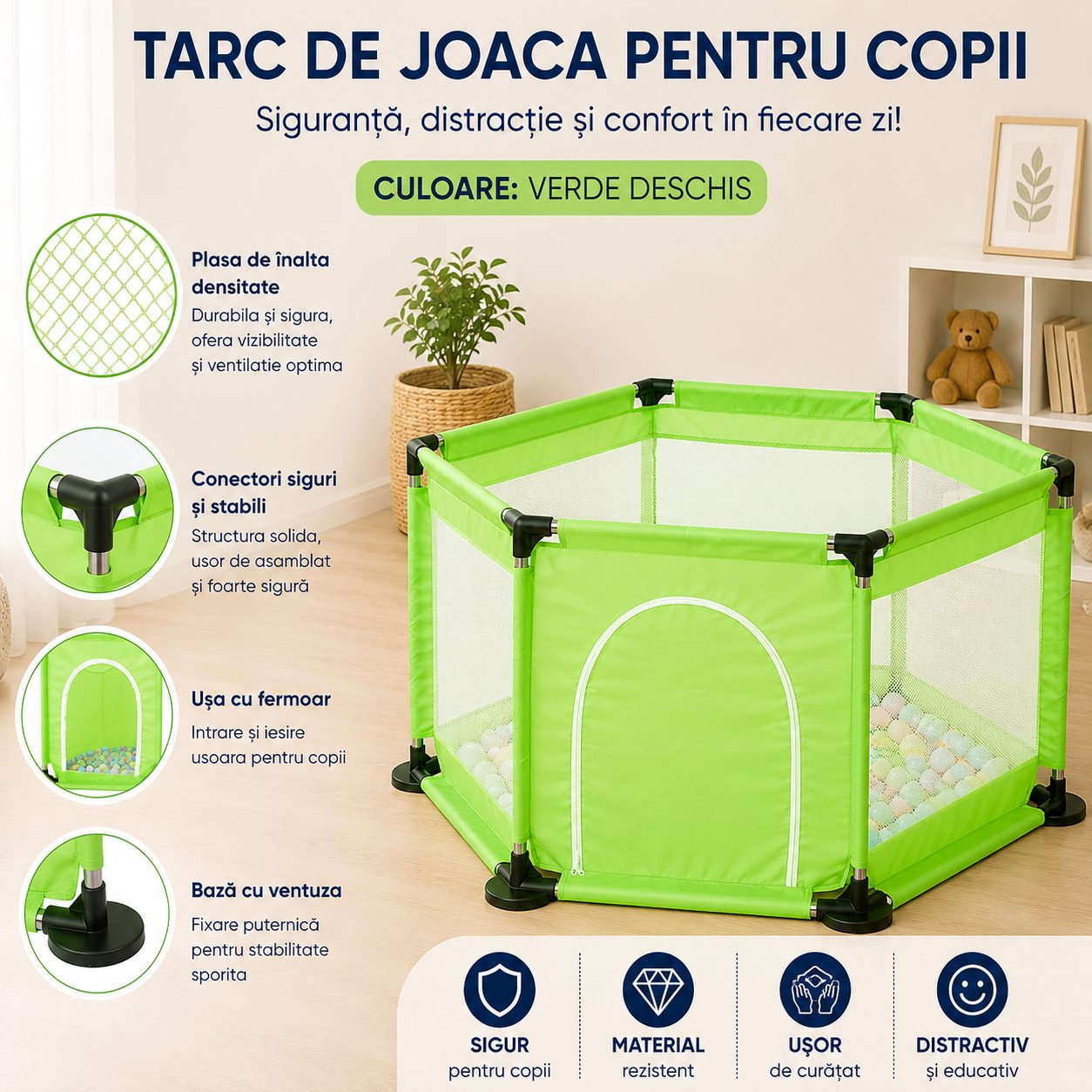 Tarc de Joaca si Siguranta pentru Copii DNT-104, , Dimensiuni 130 x 115 x 65 cm, Structura de Protectie pentru Interior, Verde deschis 2