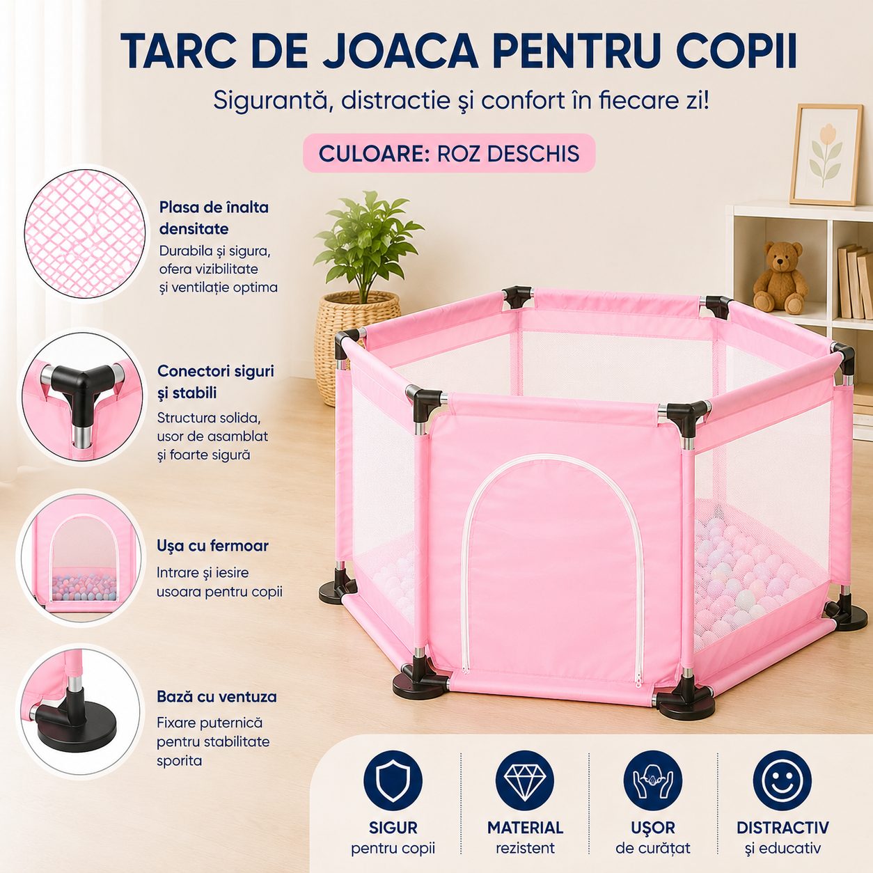 Tarc de Joaca si Siguranta pentru Copii DNT-104, , Dimensiuni 130 x 115 x 65 cm, Structura de Protectie pentru Interior, Roz deschis 2