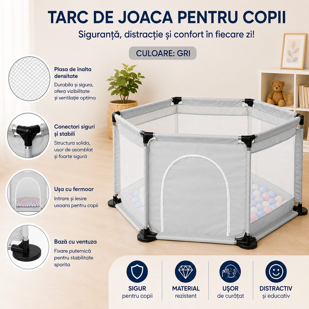 Tarc de Joaca si Siguranta pentru Copii DNT-104, , Dimensiuni 130 x 115 x 65 cm, Structura de Protectie pentru Interior, Gri 2