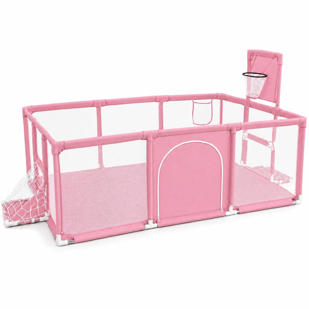 Tarc de Joaca pentru Copii DNT-109, , Model Spatiu Fotbal si Basketball, 230 x 122 x 65 cm, Margini Acoperite Structura de Protectie pentru Interior, ABS si Poliester rezistent, Roz