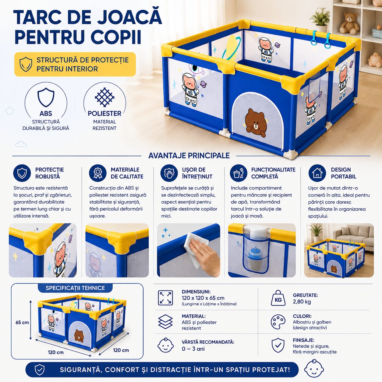 Tarc Spatiu de Joaca pentru Copii DNT-113, , 120 x 120 x 65 cm, Structura de Protectie pentru Interior, ABS si Poliester rezistent, Albastru/Galben 2