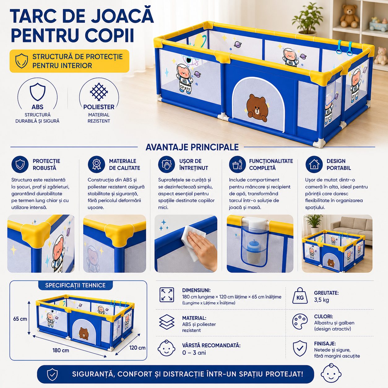 Tarc Spatiu de Joaca pentru Copii DNT-113, , 180 x 120 x 65 cm, Structura de Protectie pentru Interior, ABS si Poliester rezistent, Albastru/Galben 2