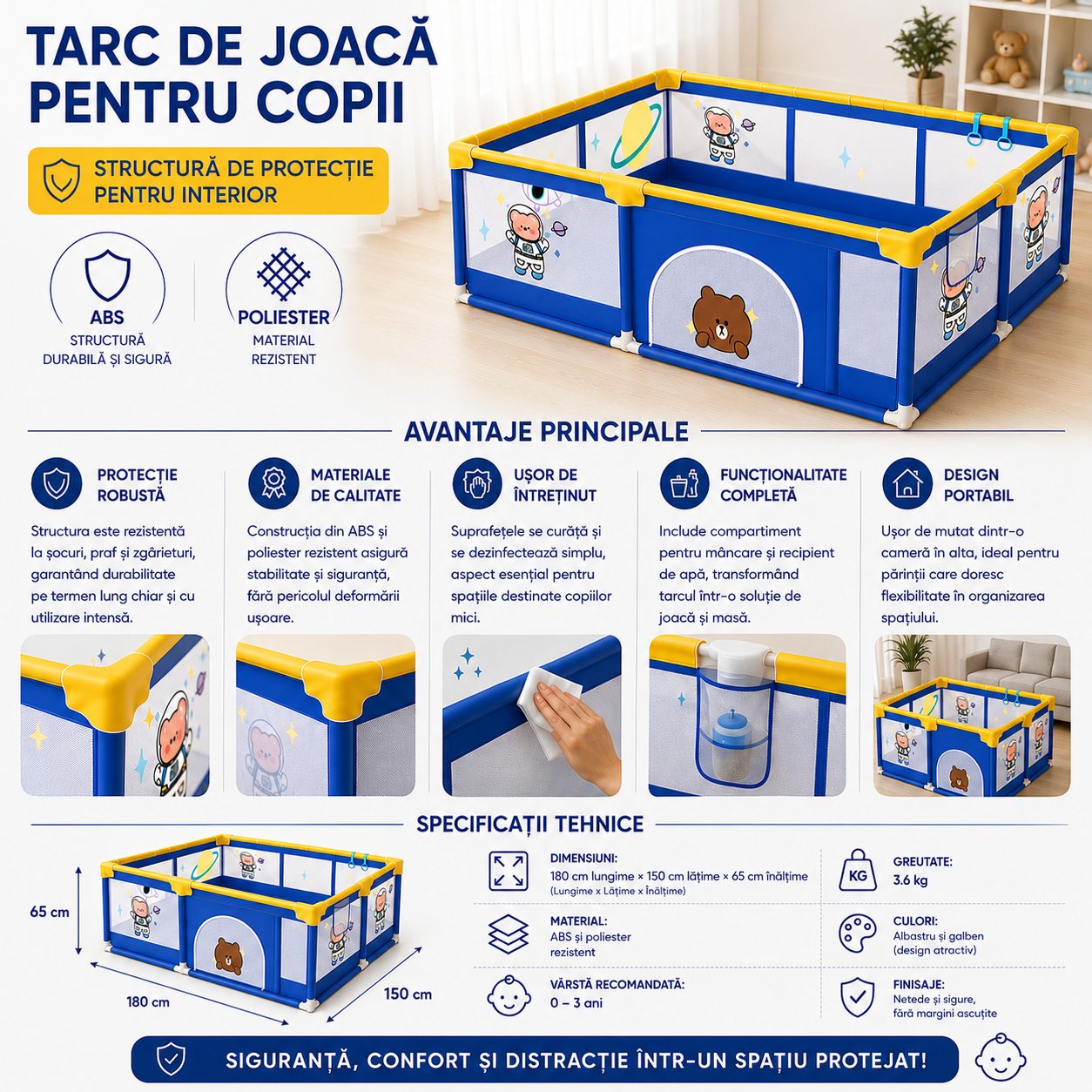 Tarc Spatiu de Joaca pentru Copii DNT-113, , 180 x 150 x 65 cm, Structura de Protectie pentru Interior, ABS si Poliester rezistent, Albastru/Galben 2