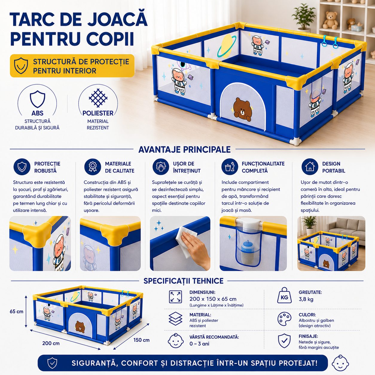 Tarc Spatiu de Joaca pentru Copii DNT-113, , 200 x 150 x 65 cm, Structura de Protectie pentru Interior, ABS si Poliester rezistent, Albastru/Galben 2