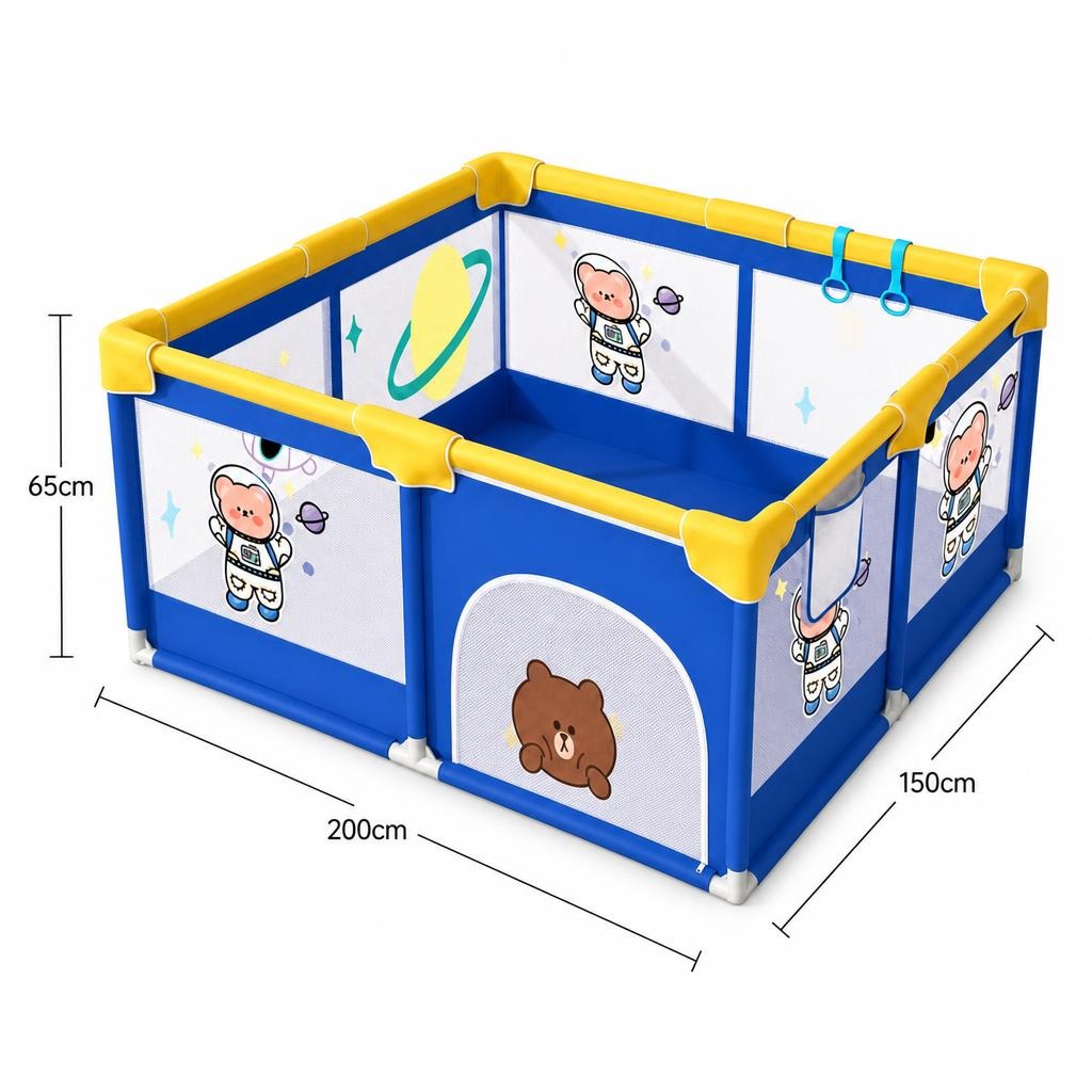 Tarc Spatiu de Joaca pentru Copii DNT-113, , 200 x 150 x 65 cm, Structura de Protectie pentru Interior, ABS si Poliester rezistent, Albastru/Galben 4