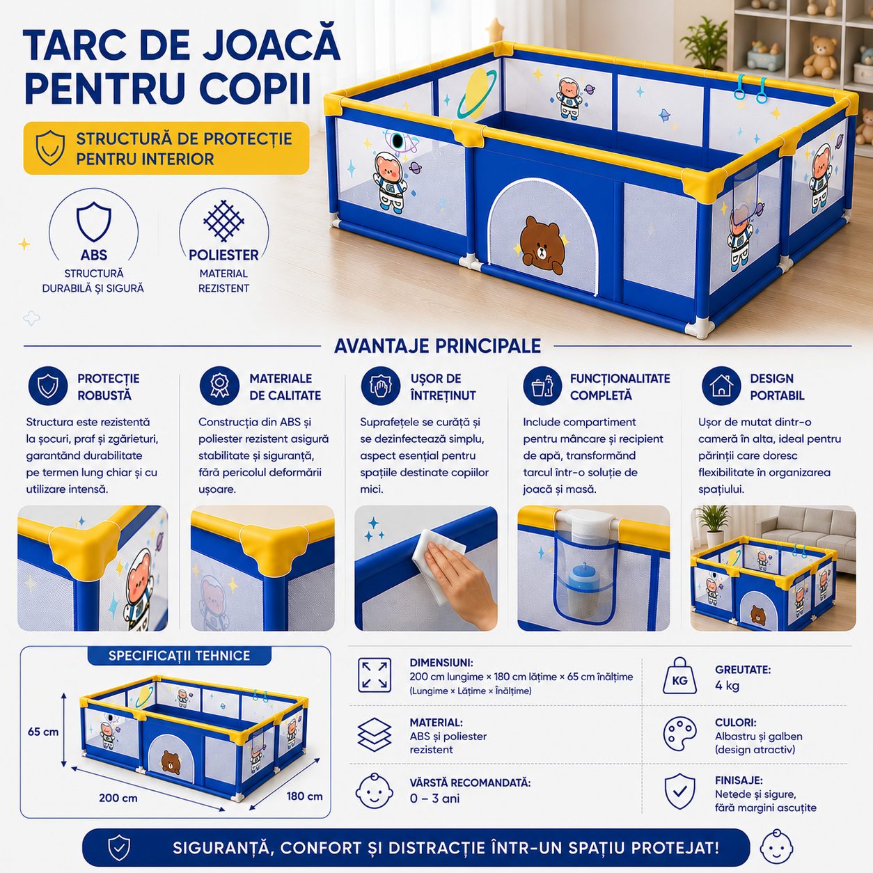 Tarc Spatiu de Joaca pentru Copii DNT-113, , 200 x 180 x 65 cm, Structura de Protectie pentru Interior, ABS si Poliester rezistent, Albastru/Galben 2