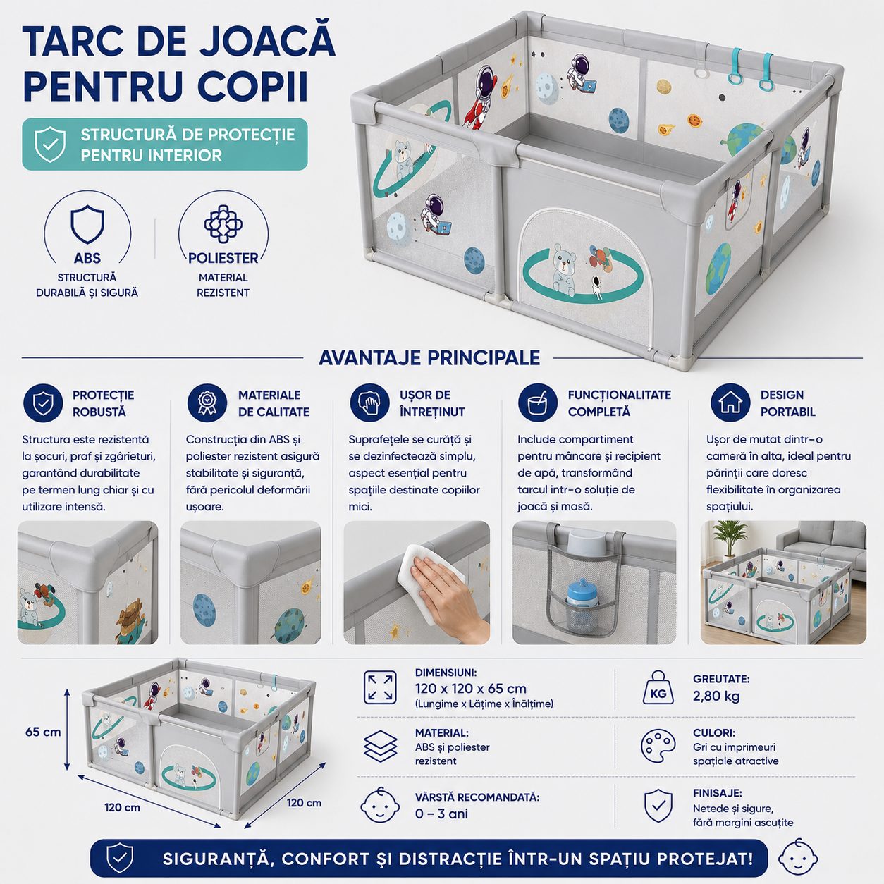 Tarc Spatiu de Joaca pentru Copii DNT-113, , 120 x 120 x 65 cm, Structura de Protectie pentru Interior, ABS si Poliester rezistent, Bej/Gri 2