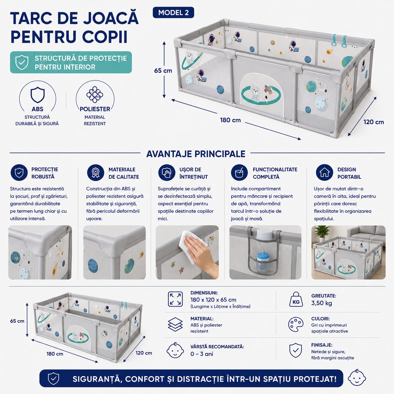 Tarc Spatiu de Joaca pentru Copii DNT-113, , 180 x 150 x 65 cm, Structura de Protectie pentru Interior, ABS si Poliester rezistent, Bej/Gri 2