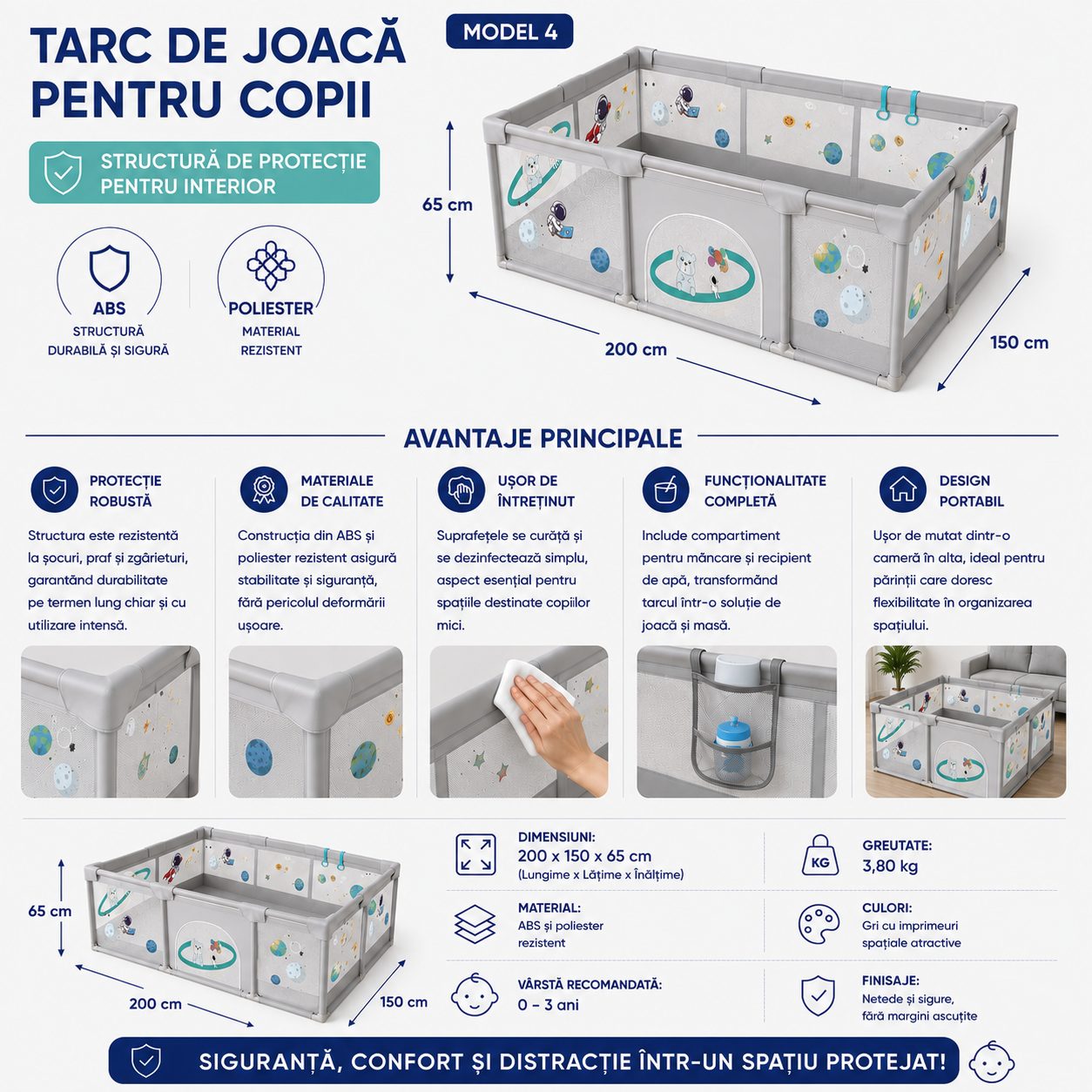 Tarc Spatiu de Joaca pentru Copii DNT-113, , 200 x 150 x 65 cm, Structura de Protectie pentru Interior, ABS si Poliester rezistent, Bej/Gri 2