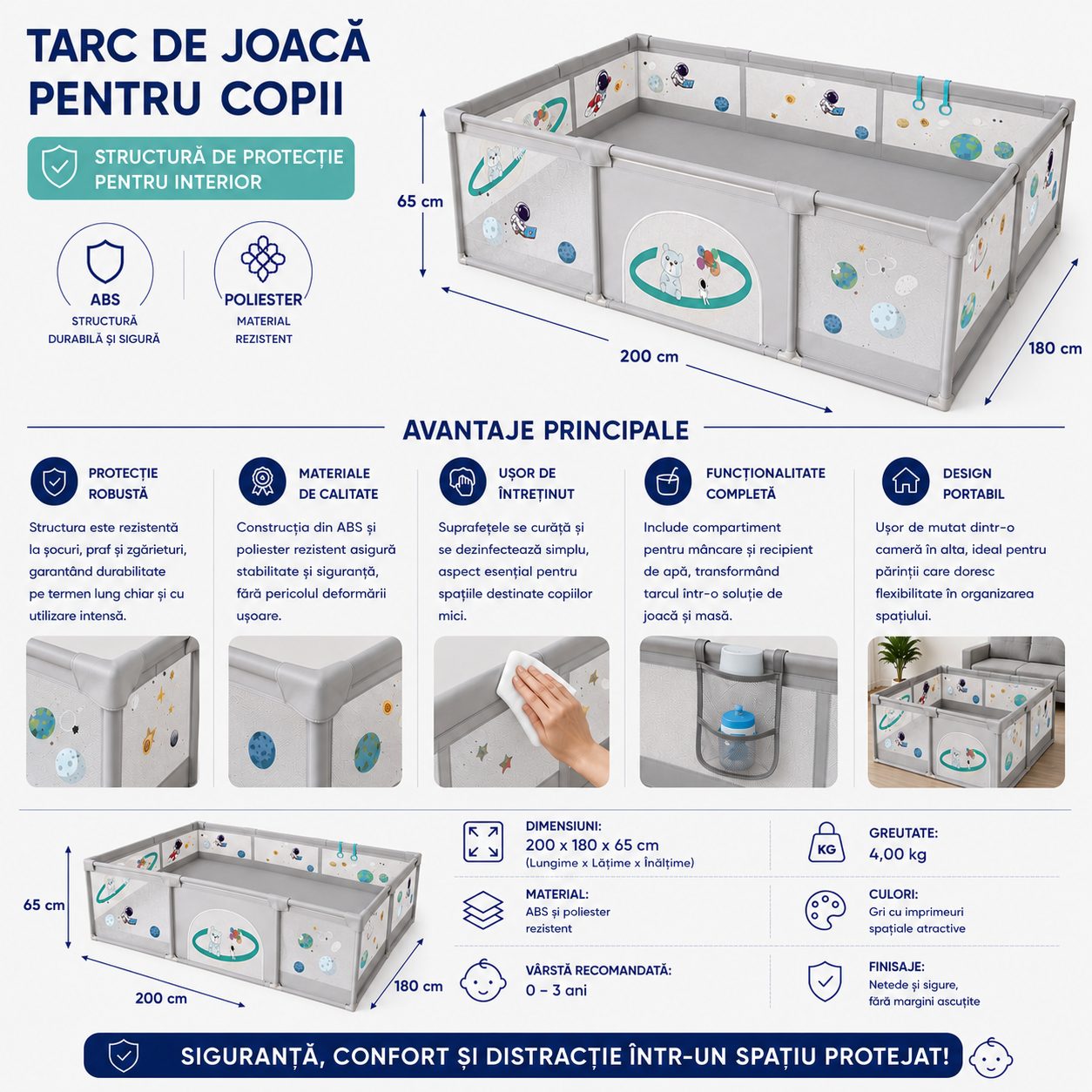 Tarc Spatiu de Joaca pentru Copii DNT-113, , 200 x 180 x 65 cm, Structura de Protectie pentru Interior, ABS si Poliester rezistent, Bej/Gri 2