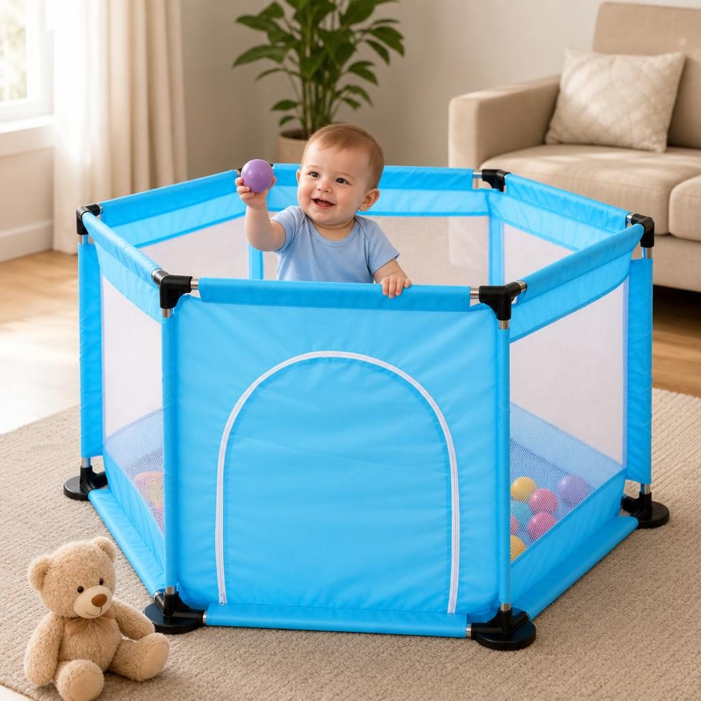 Tarc de Joaca si Siguranta pentru Copii DNT-104, , Dimensiuni 130 x 115 x 65 cm, Structura de Protectie pentru Interior, Albastru 4