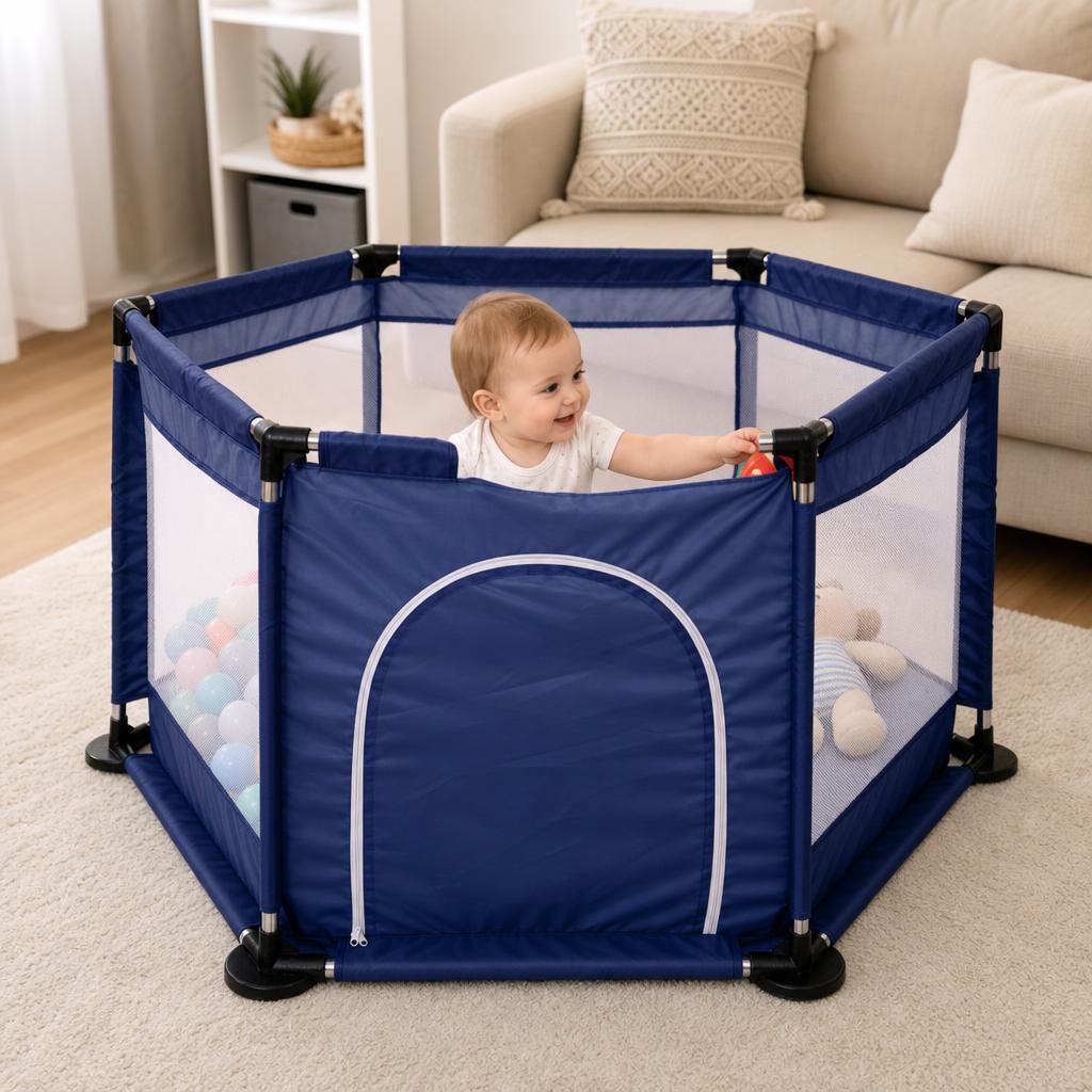 Tarc de Joaca si Siguranta pentru Copii DNT-104, , Dimensiuni 130 x 115 x 65 cm, Structura de Protectie pentru Interior, Albastru marin 4