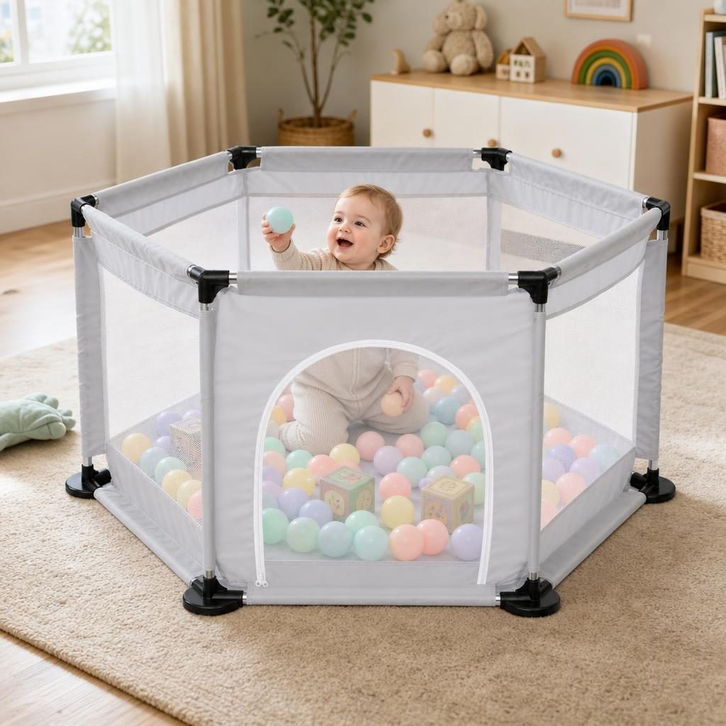Tarc de Joaca si Siguranta pentru Copii DNT-104, , Dimensiuni 130 x 115 x 65 cm, Structura de Protectie pentru Interior, Gri 3